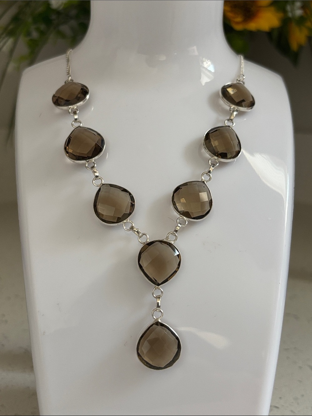 Smoky Amber Quartz Teardrop Gemstone Statement Necklace